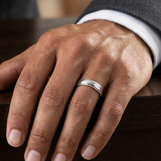 5mm Slightly Domed Traditional Oval Milgrain Wedding Band in 18K White Gold, worn on hand, masculine close-up