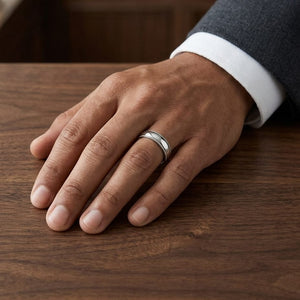 5mm Slightly Domed Traditional Oval Milgrain Wedding Band in 18K White Gold, worn on hand, masculine full view