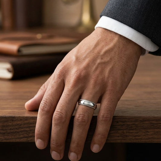6mm Slightly Domed Traditional Oval Milgrain Wedding Band in 18K White Gold, worn on hand, masculine full view