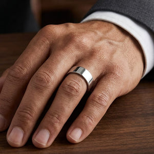 8mm Flat Comfort-Fit Wedding Band in 18K White Gold, worn on hand, masculine close-up