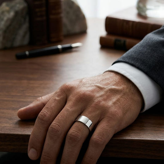 8mm Flat Comfort-Fit Wedding Band in 18K White Gold, worn on hand, masculine full view