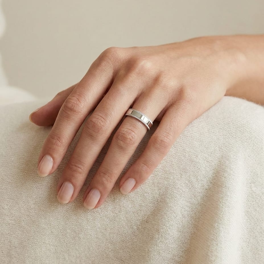 4mm Flat Milgrain Comfort-Fit Wedding Band in 18K White Gold, worn on hand, full view