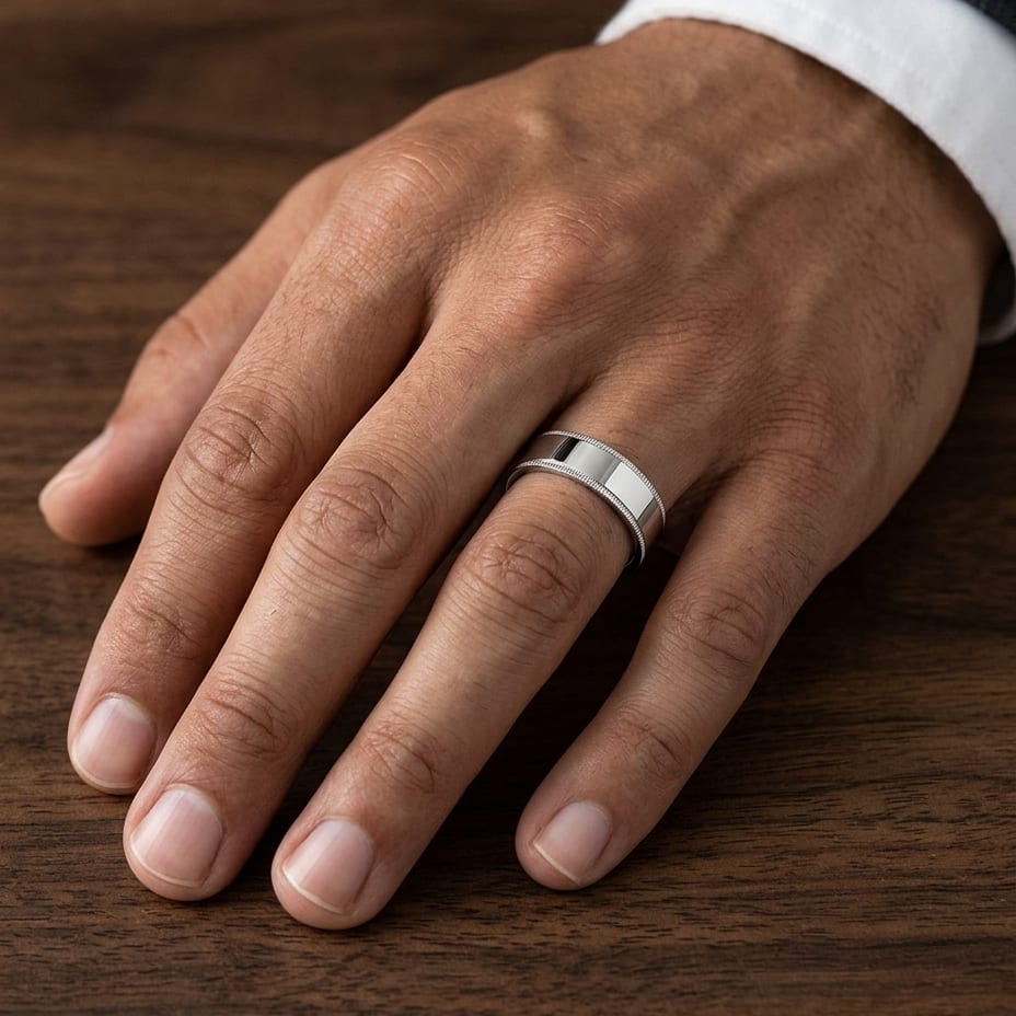 8mm Flat Milgrain Comfort-Fit Wedding Band in 18K White Gold, worn on hand, masculine close-up