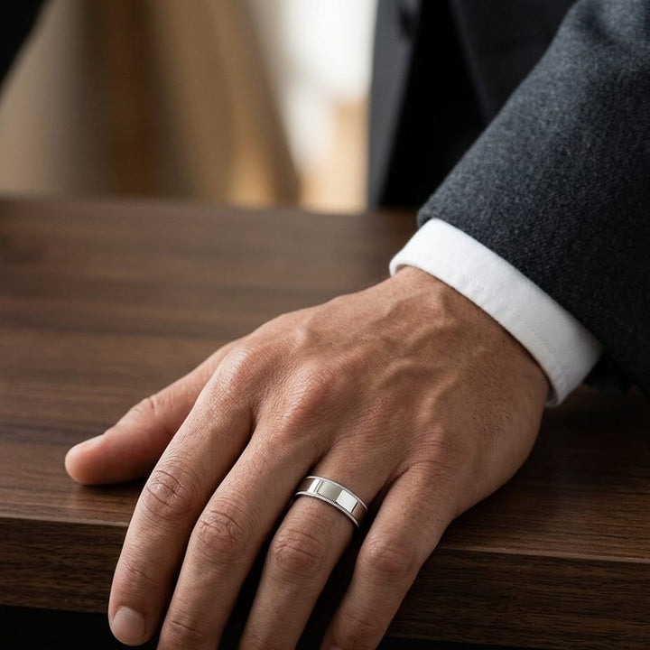 8mm Flat Milgrain Comfort-Fit Wedding Band in 18K White Gold, worn on hand, masculine full view