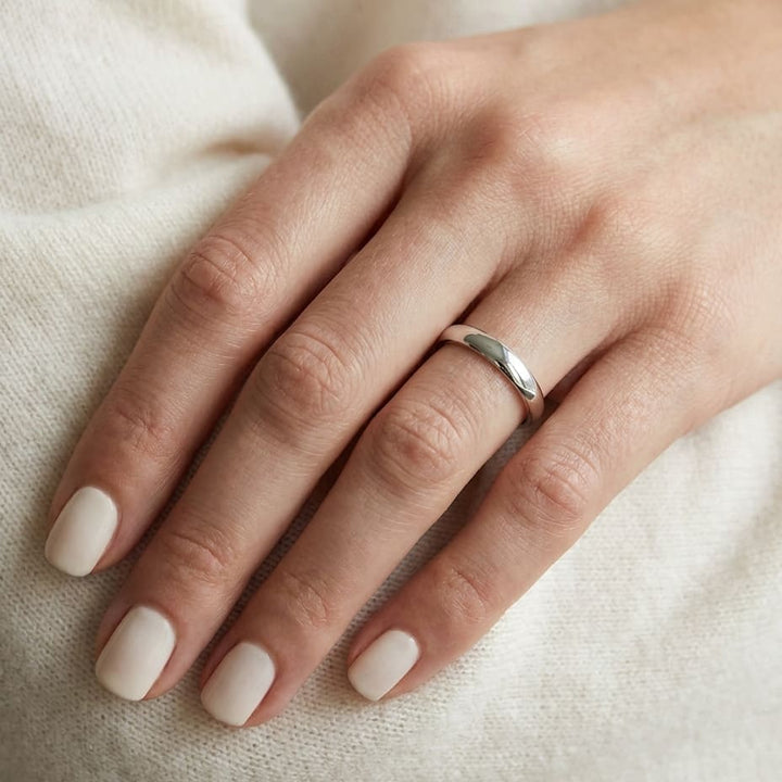 3.5mm Flat Comfort-Fit Wedding Band in 18K White Gold, worn on hand, close-up