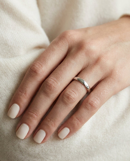 3.5mm Flat Comfort-Fit Wedding Band in 18K White Gold, worn on hand, close-up