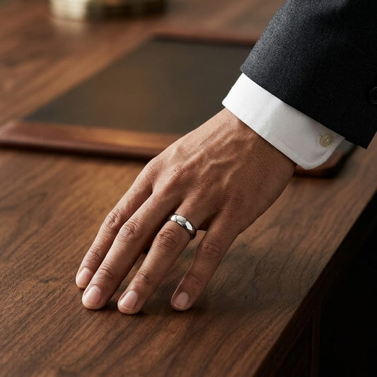 5.5mm Deluxe Comfort-Fit Wedding Band in 18K White Gold, worn on hand, masculine full view