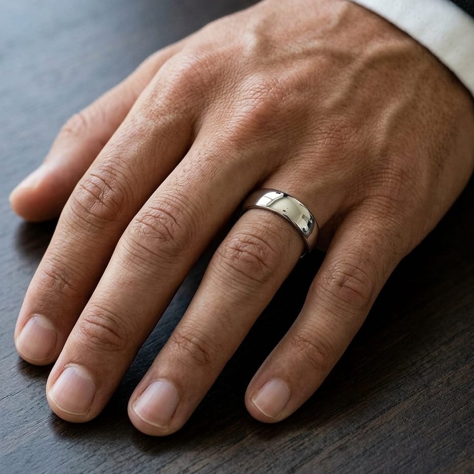 7.5mm Comfort-Fit Wedding Band in 18K White Gold, worn on hand, masculine close-up