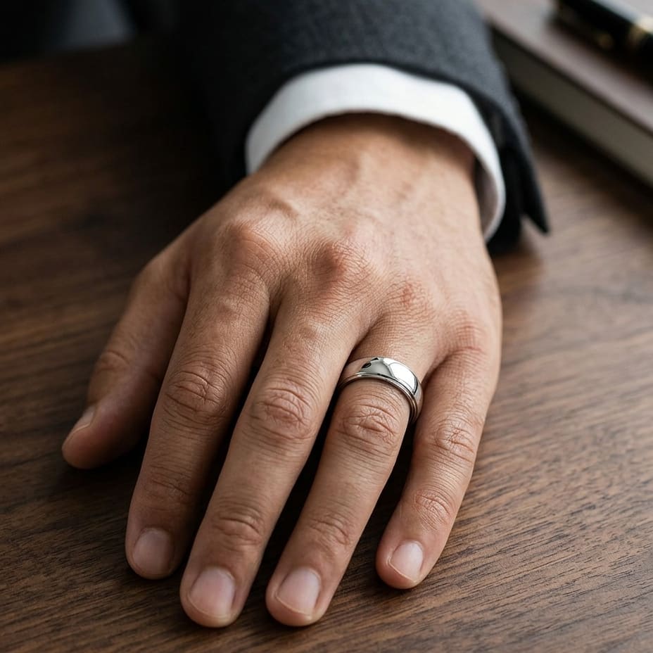 7.5mm Comfort-Fit Wedding Band in 18K White Gold, worn on hand, masculine full view