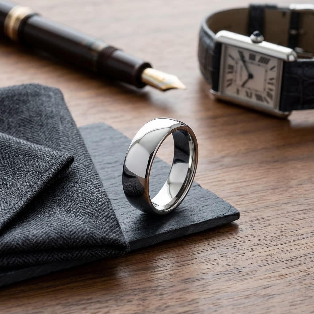 7.5mm Comfort-Fit Wedding Band in 18K White Gold, on walnut surface with pocket square