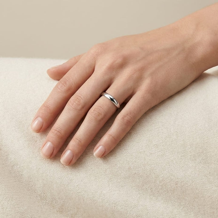 3mm High Dome Comfort-Fit Wedding Band in 18K White Gold, worn on hand, full view