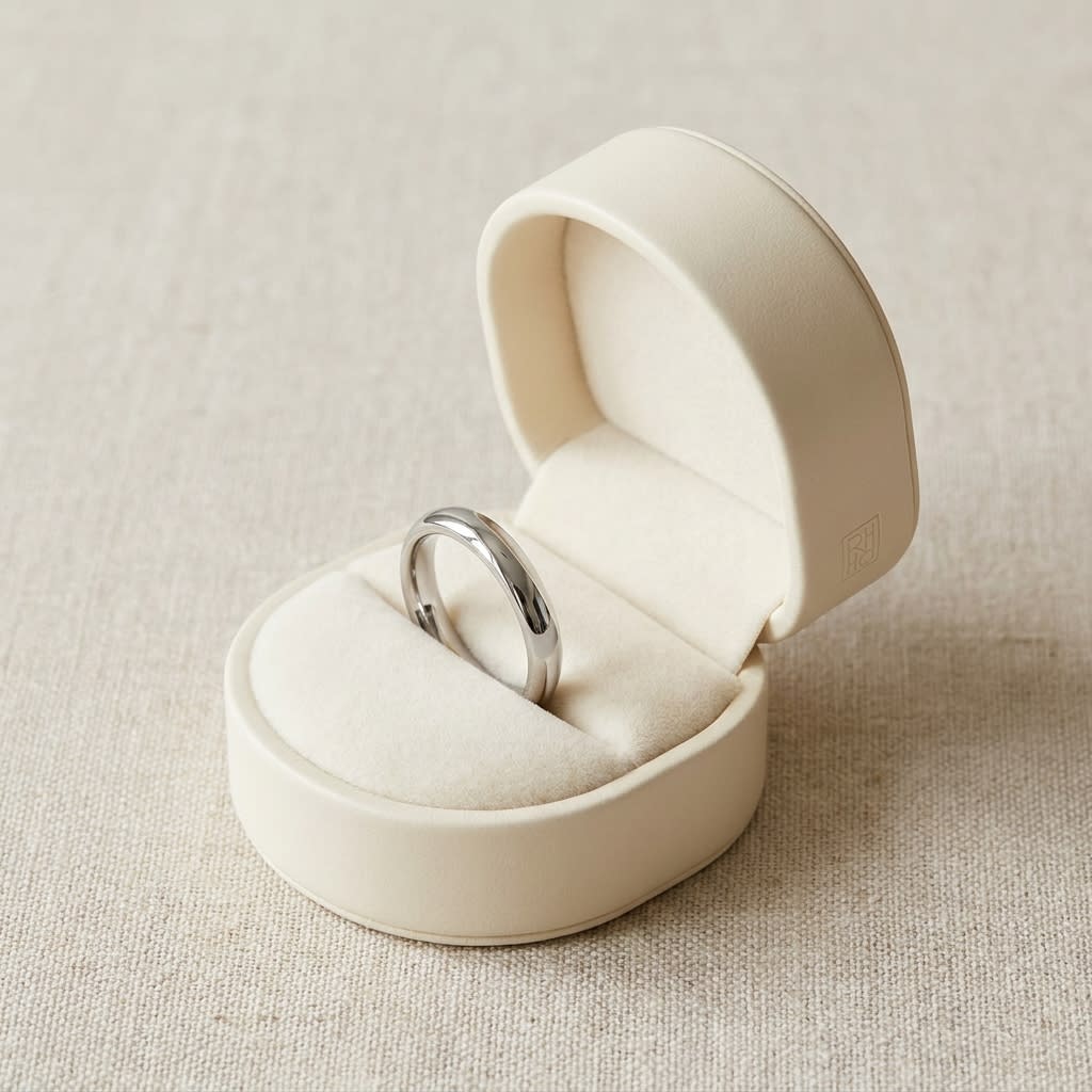 3mm High Dome Comfort-Fit Wedding Band in 18K White Gold, in navy velvet jewelry box