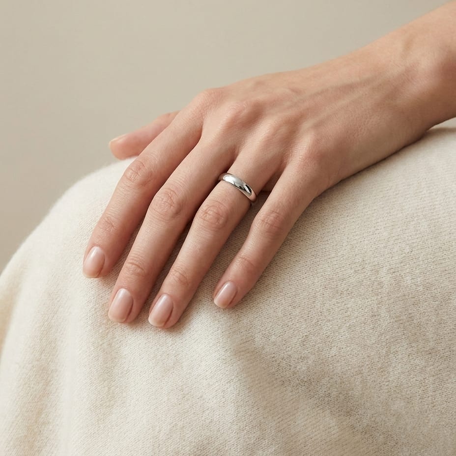 4mm High Dome Comfort-Fit Wedding Band in 18K White Gold, worn on hand, full view