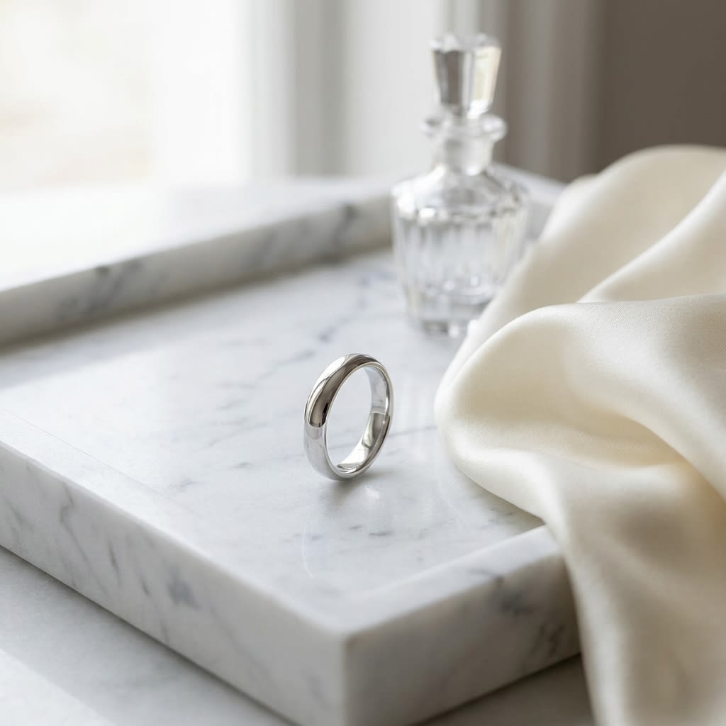 4mm High Dome Comfort-Fit Wedding Band in 18K White Gold, on marble vanity tray with silk