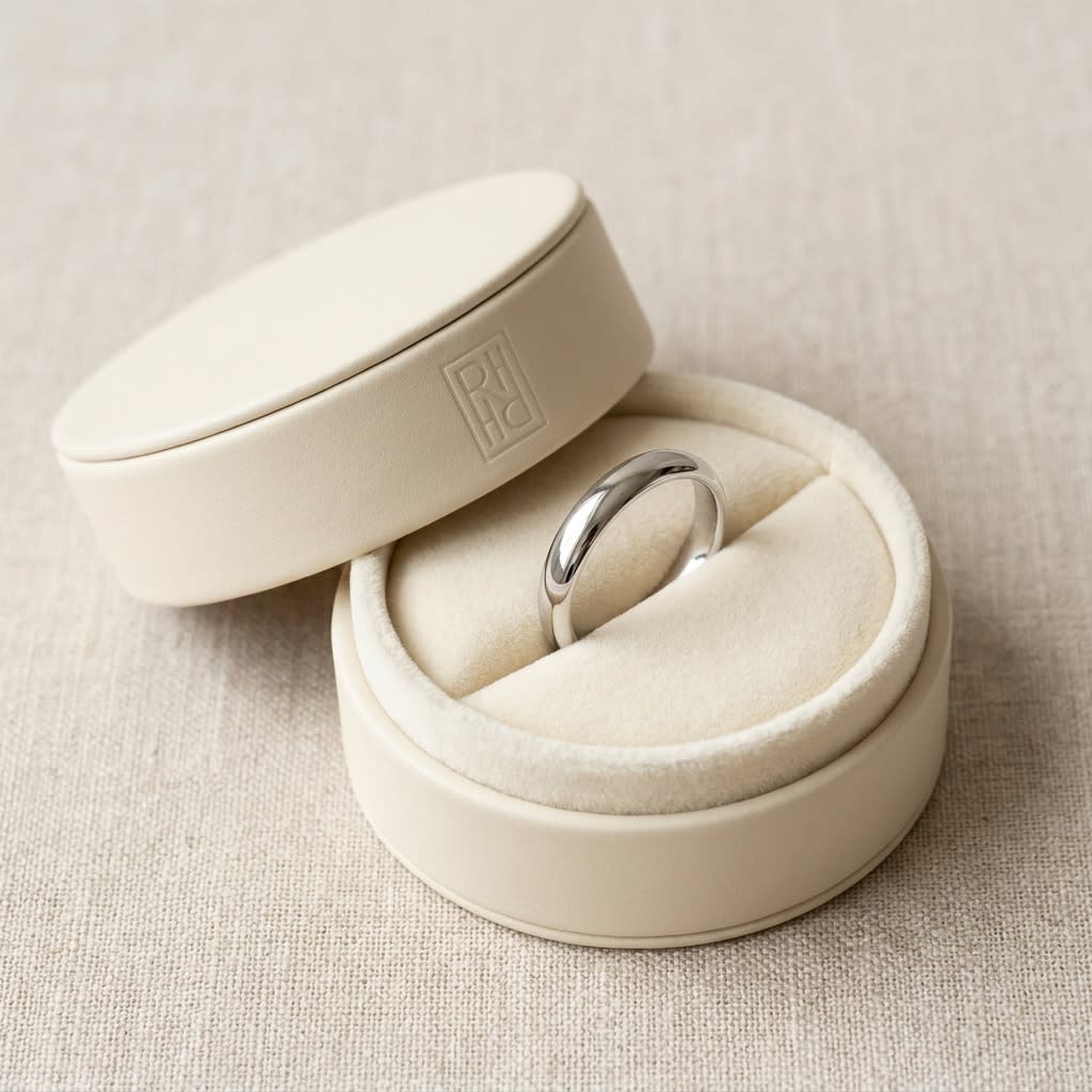 4mm High Dome Comfort-Fit Wedding Band in 18K White Gold, in navy velvet jewelry box