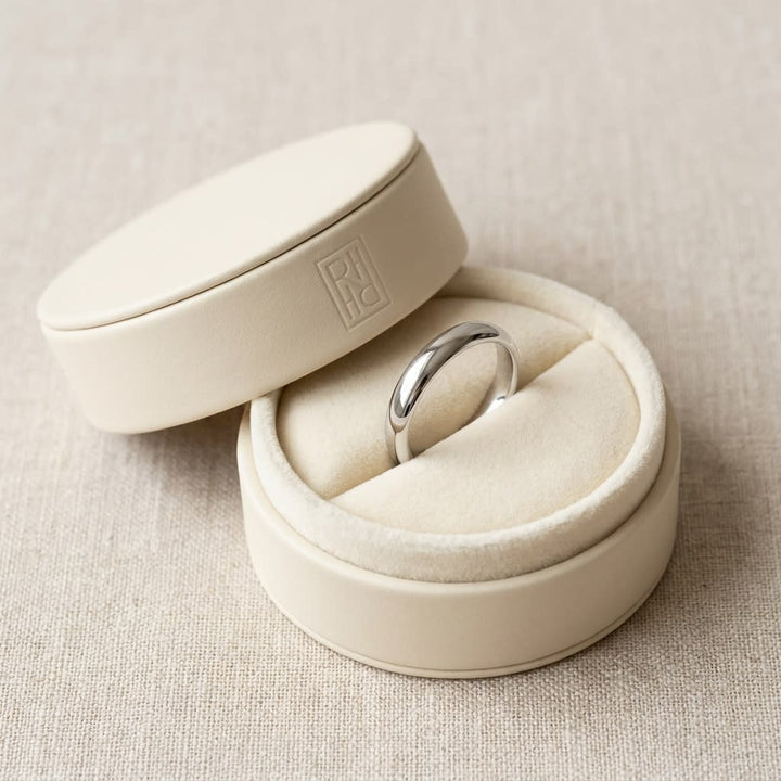 4mm High Dome Comfort-Fit Wedding Band in 18K White Gold, in navy velvet jewelry box