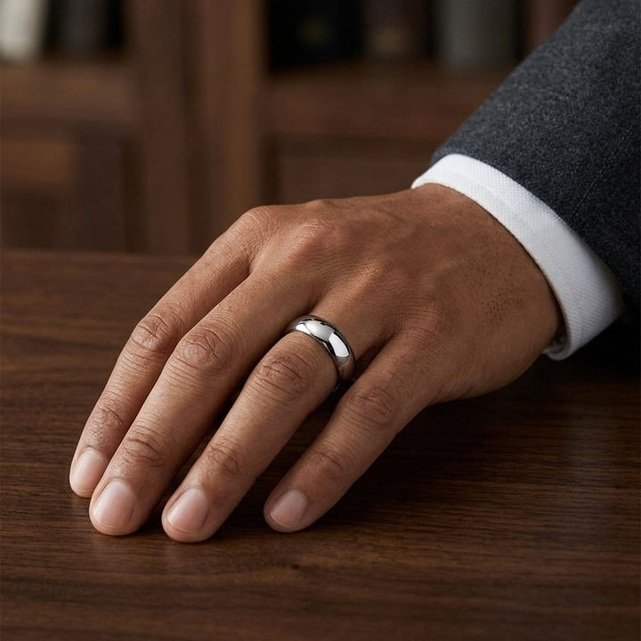 5mm High Dome Comfort-Fit Wedding Band in 18K White Gold, worn on hand, masculine full view