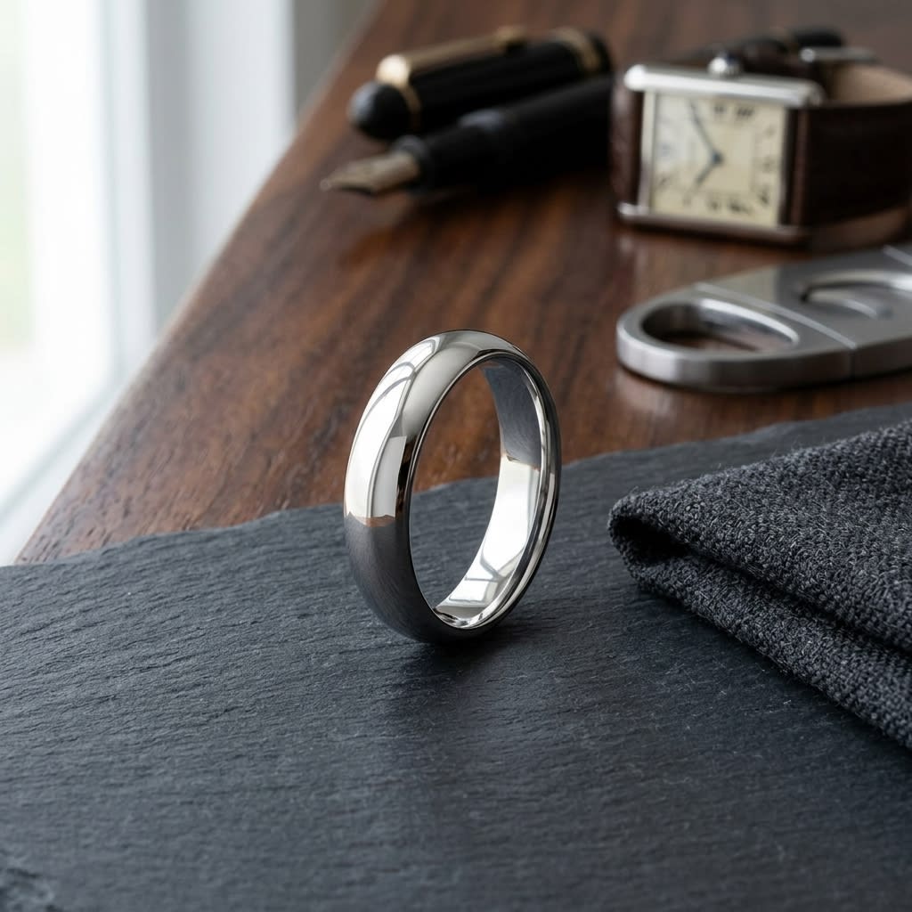 5mm High Dome Comfort-Fit Wedding Band in 18K White Gold, on walnut surface with pocket square