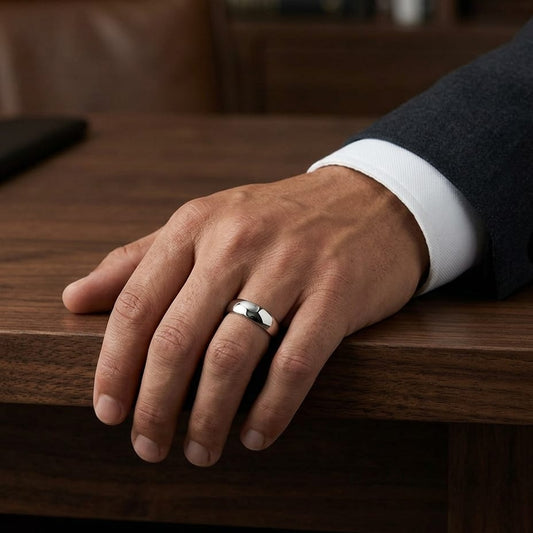 6mm High Dome Comfort-Fit Wedding Band in 18K White Gold, worn on hand, masculine full view
