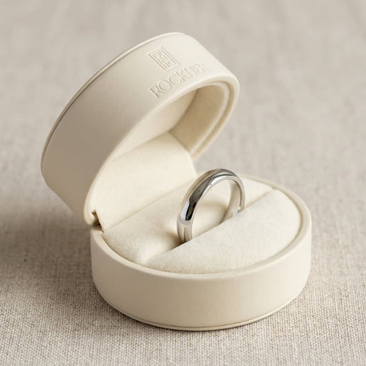 3mm Slightly Domed Comfort-Fit Wedding Band in 18K White Gold, in navy velvet jewelry box
