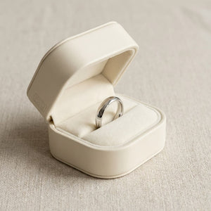4mm Slightly Domed Comfort-Fit Wedding Band in 18K White Gold, in navy velvet jewelry box