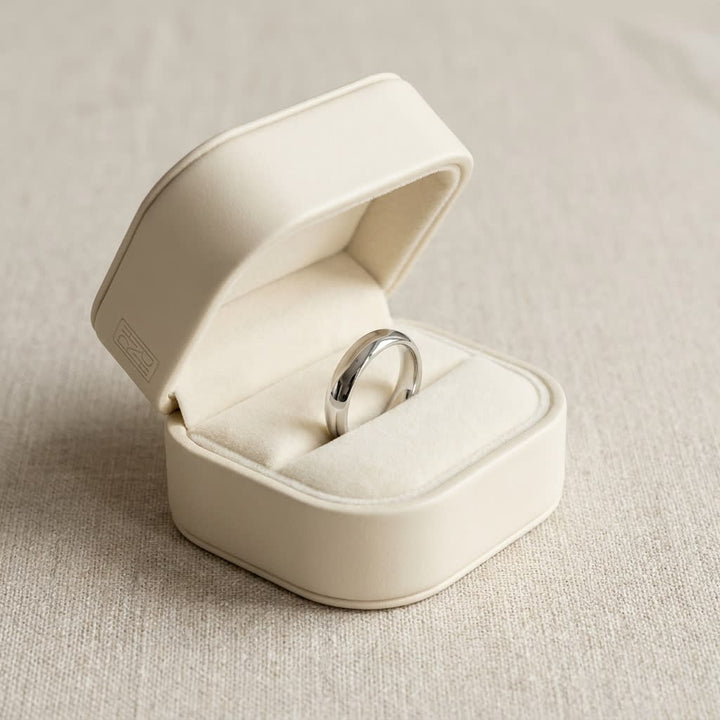 4mm Slightly Domed Comfort-Fit Wedding Band in 18K White Gold, in navy velvet jewelry box