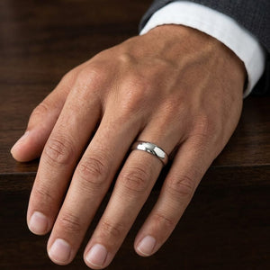 5mm Slightly Domed Comfort-Fit Wedding Band in 18K White Gold, worn on hand, masculine close-up