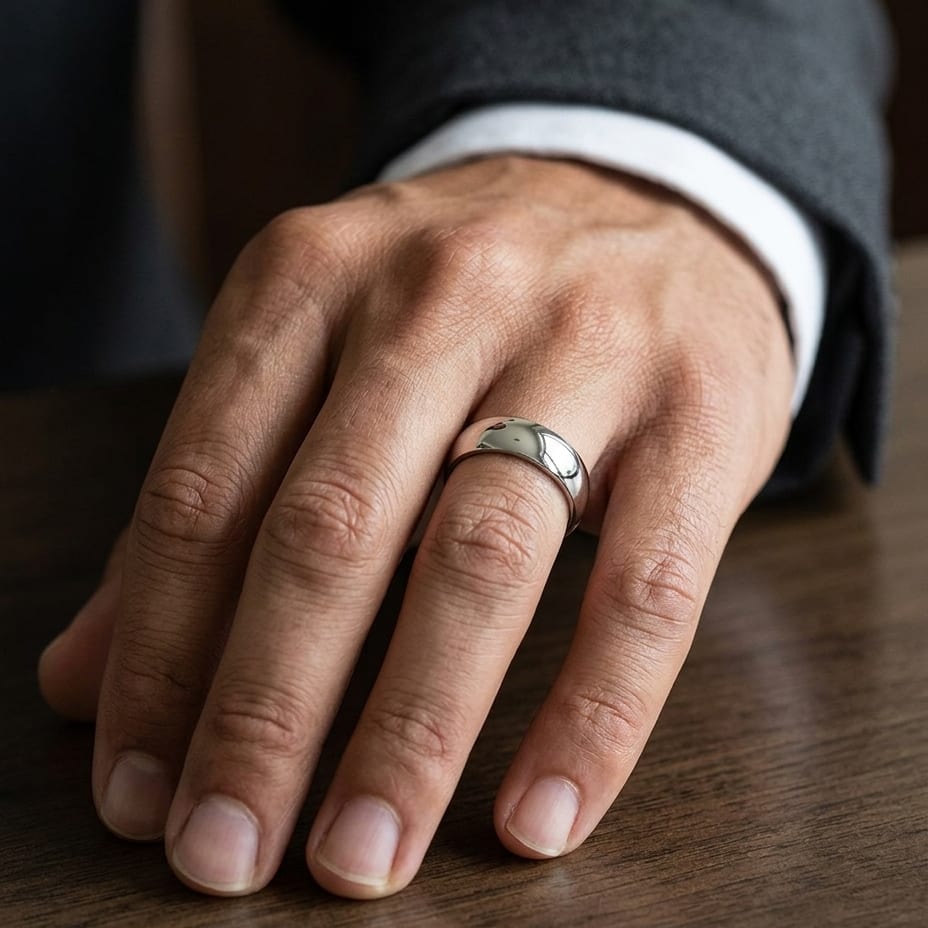 6mm Slightly Domed Comfort-Fit Wedding Band in 18K White Gold, worn on hand, masculine close-up