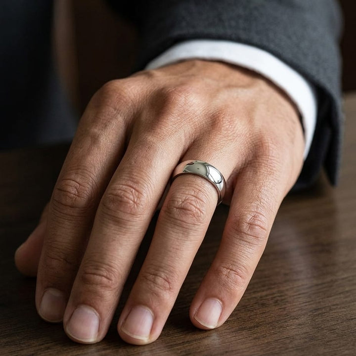 6mm Slightly Domed Comfort-Fit Wedding Band in 18K White Gold, worn on hand, masculine close-up