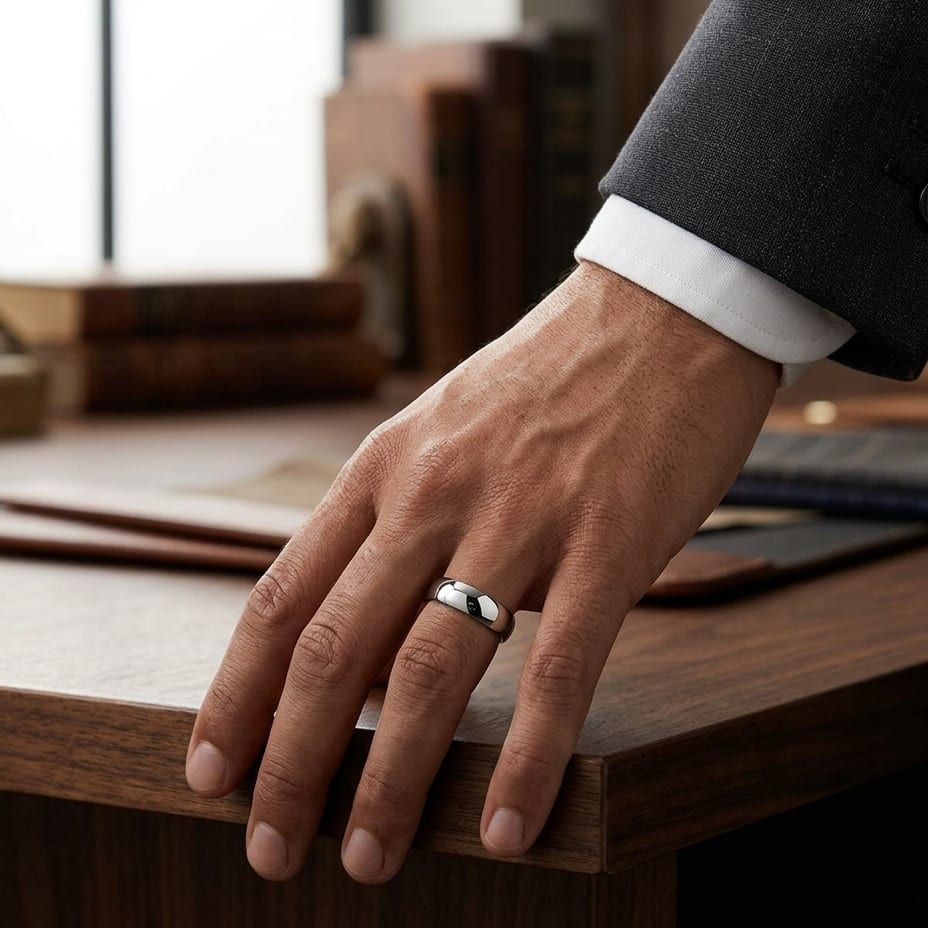 6mm Slightly Domed Comfort-Fit Wedding Band in 18K White Gold, worn on hand, masculine full view