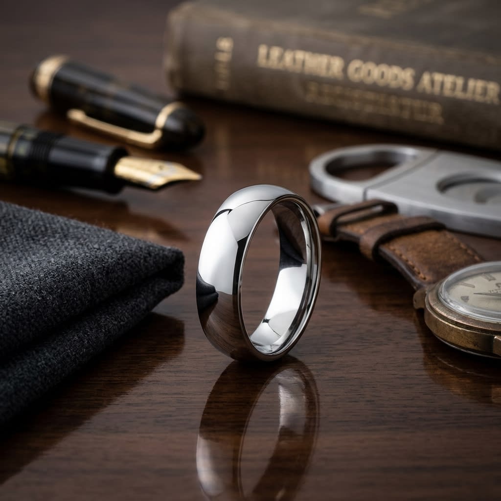 6mm Slightly Domed Comfort-Fit Wedding Band in 18K White Gold, on walnut surface with pocket square