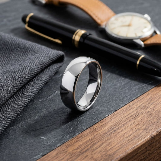 8mm Slightly Domed Comfort-Fit Wedding Band in 18K White Gold, on walnut surface with pocket square