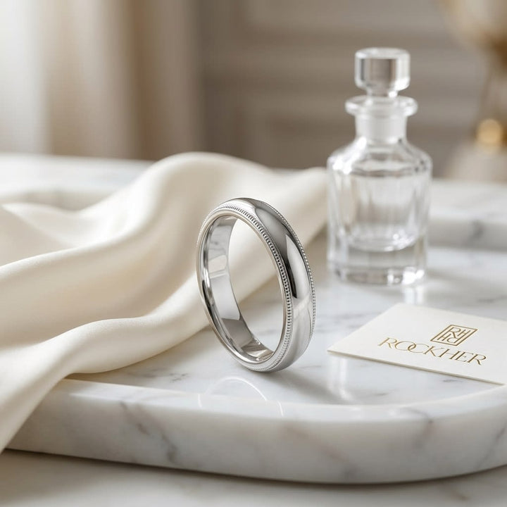 4mm Slightly Domed Milgrain Comfort-Fit Wedding Band in 18K White Gold, on marble vanity tray with silk