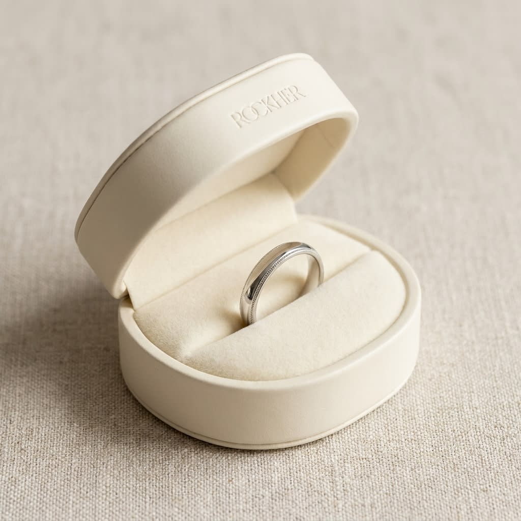 4mm Slightly Domed Milgrain Comfort-Fit Wedding Band in 18K White Gold, in navy velvet jewelry box