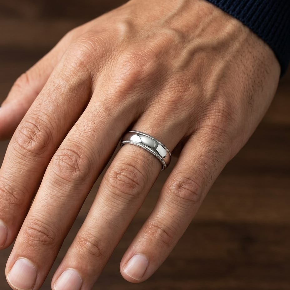 5mm Slightly Domed Milgrain Comfort-Fit Wedding Band in 18K White Gold, worn on hand, masculine close-up
