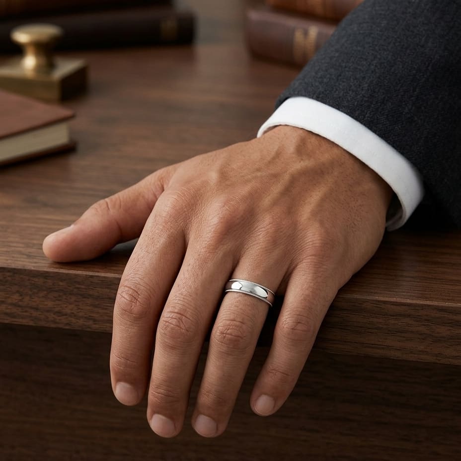 5mm Slightly Domed Milgrain Comfort-Fit Wedding Band in 18K White Gold, worn on hand, masculine full view