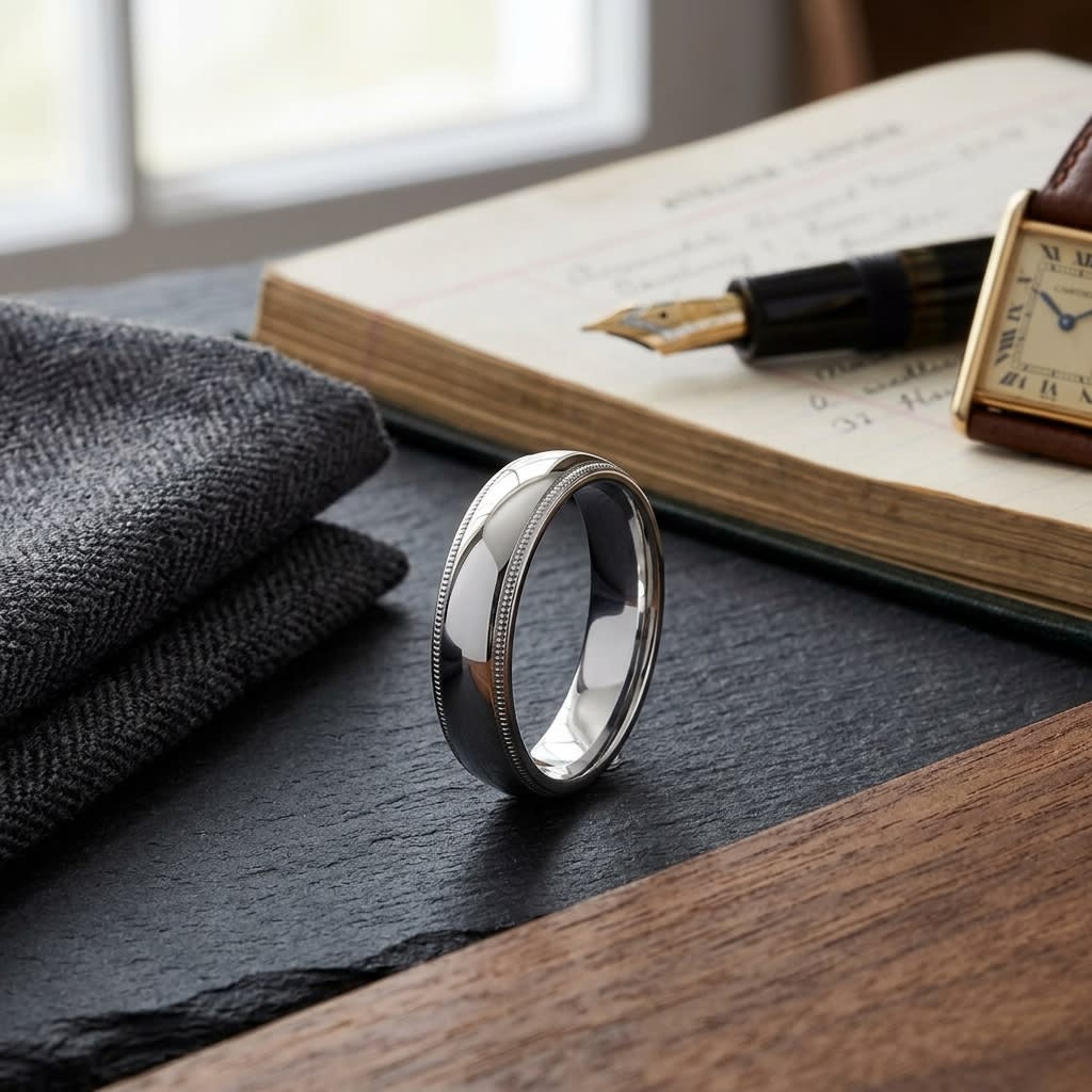 5mm Slightly Domed Milgrain Comfort-Fit Wedding Band in 18K White Gold, on walnut surface with pocket square