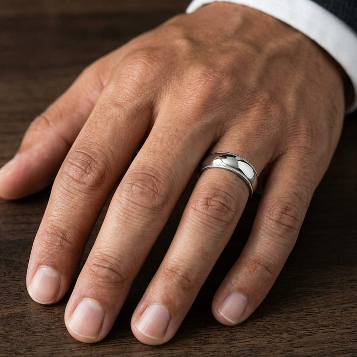6mm Slightly Domed Milgrain Comfort-Fit Wedding Band in 18K White Gold, worn on hand, masculine close-up