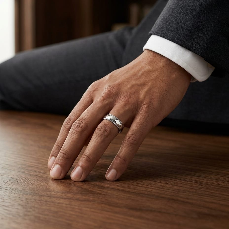 6mm Slightly Domed Milgrain Comfort-Fit Wedding Band in 18K White Gold, worn on hand, masculine full view