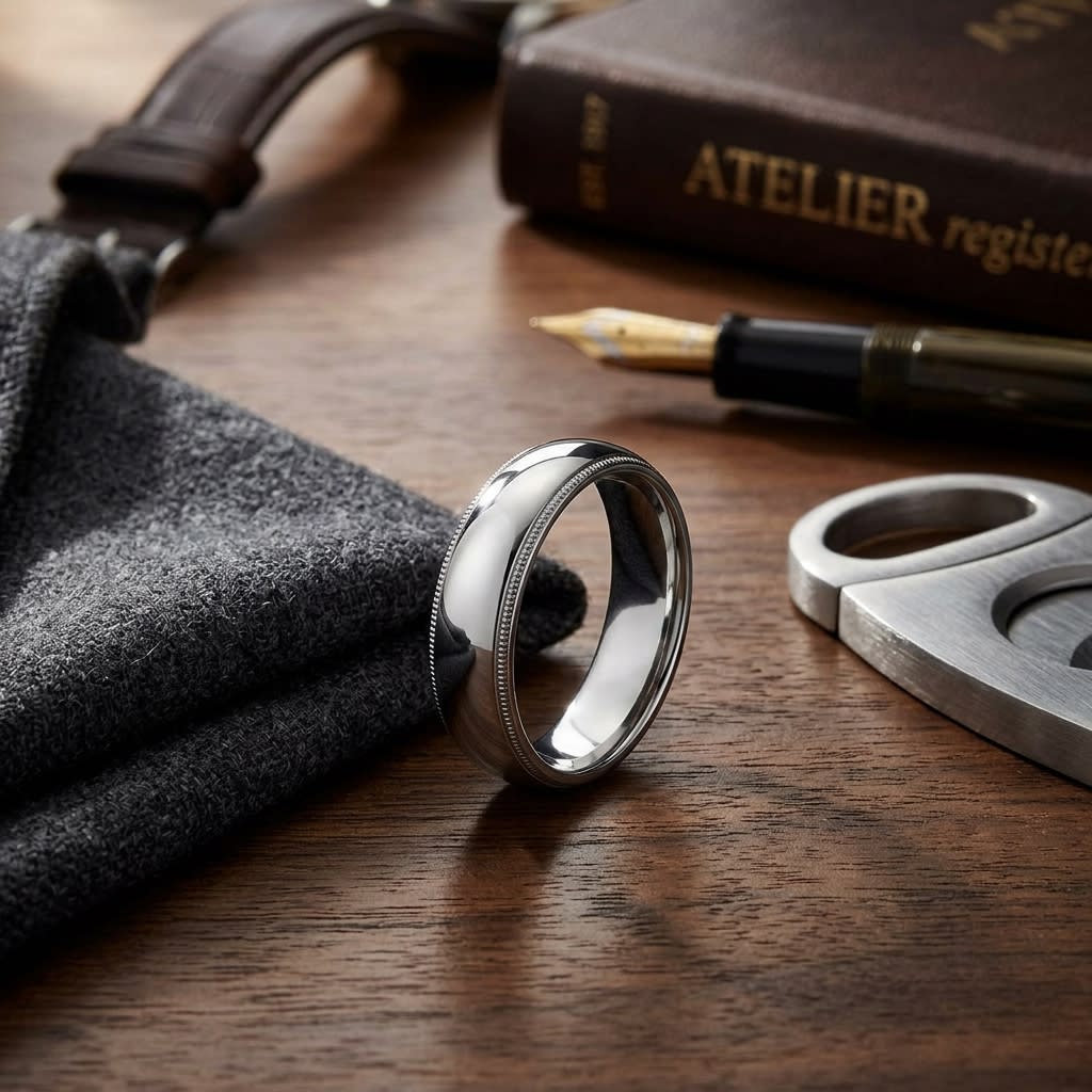 6mm Slightly Domed Milgrain Comfort-Fit Wedding Band in 18K White Gold, on walnut surface with pocket square