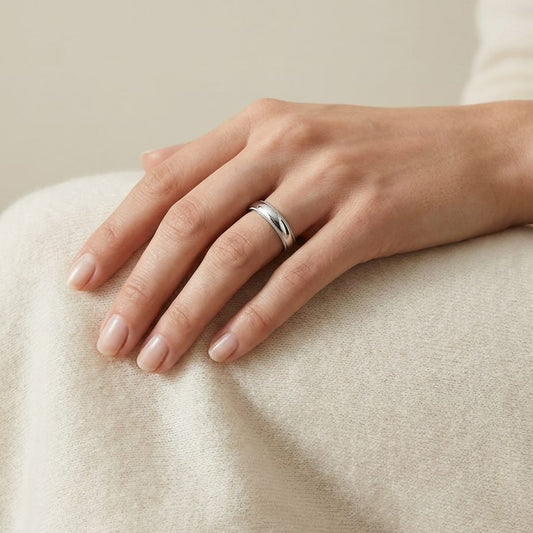 4mm Slightly Domed Double Milgrain Comfort-Fit Wedding Band in 18K White Gold, worn on hand, full view