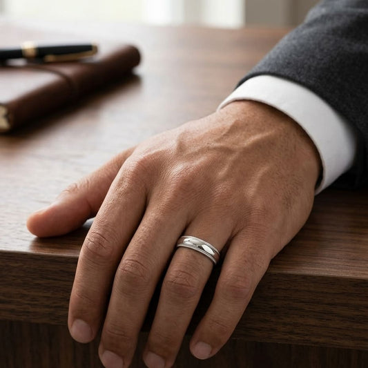 5mm Slightly Domed Double Milgrain Comfort-Fit Wedding Band in 18K White Gold, worn on hand, masculine full view