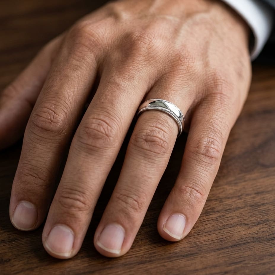 6mm Slightly Domed Double Milgrain Comfort-Fit Wedding Band in 18K White Gold, worn on hand, masculine close-up