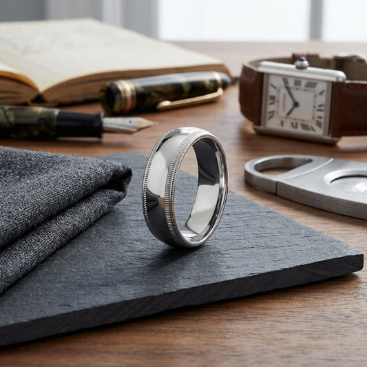7mm Slightly Domed Double Milgrain Comfort-Fit Wedding Band in 18K White Gold, on walnut surface with pocket square