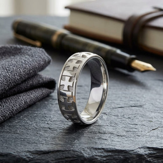 6mm Comfort-Fit Wedding Band in 18K White Gold, on walnut surface with pocket square