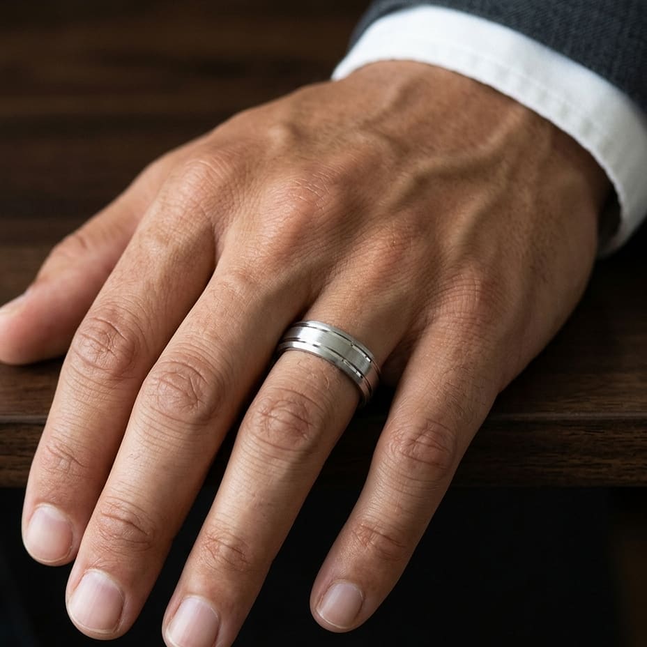 6mm Satin Finish Parallel Groove Carved Wedding Band in 18K White Gold, worn on hand, masculine close-up