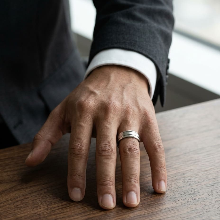 6mm Satin Finish Parallel Groove Carved Wedding Band in 18K White Gold, worn on hand, masculine full view