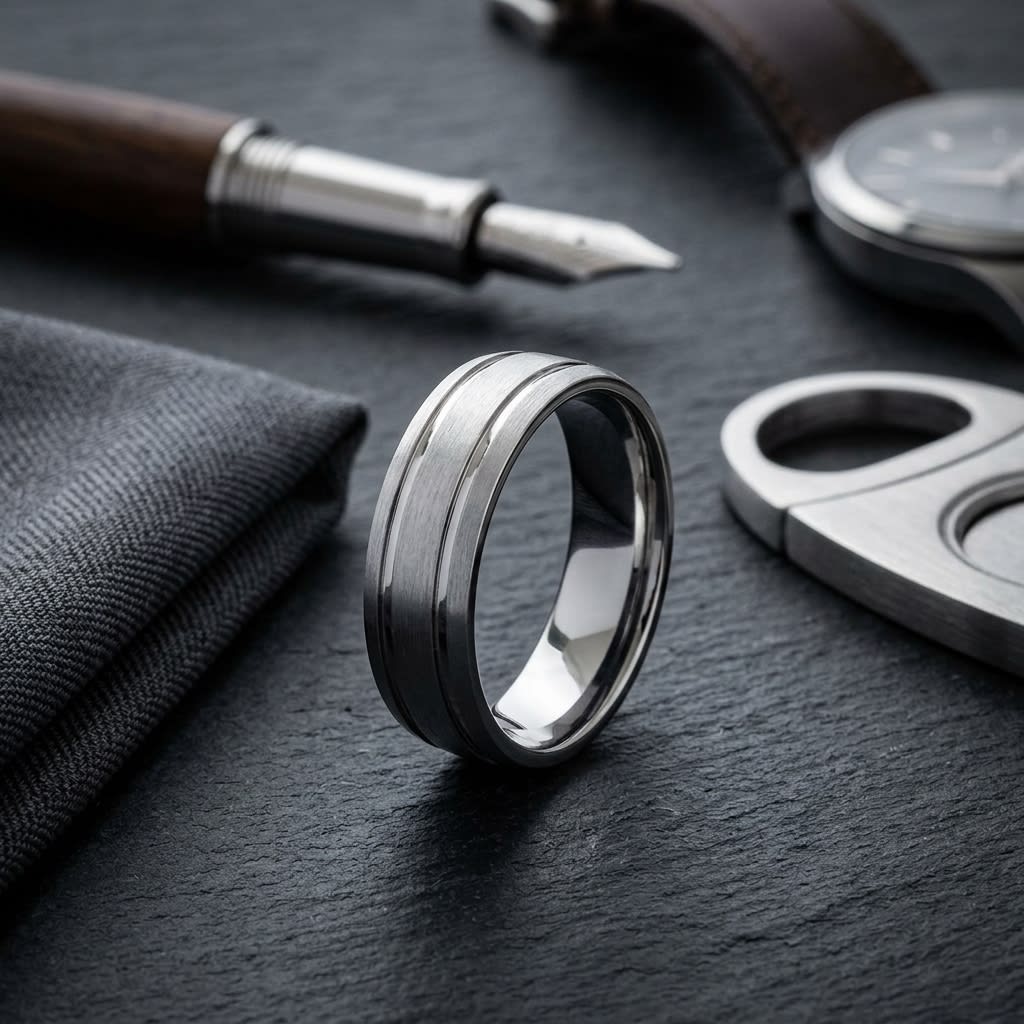 6mm Satin Finish Parallel Groove Carved Wedding Band in 18K White Gold, on walnut surface with pocket square