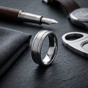 6mm Satin Finish Parallel Groove Carved Wedding Band in 18K White Gold, on walnut surface with pocket square