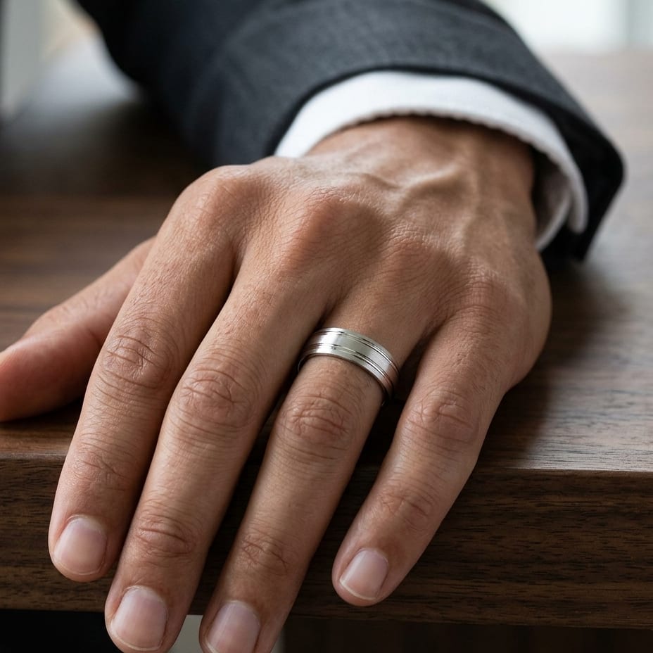 7mm Satin Finish Parallel Groove Carved Wedding Band in 18K White Gold, worn on hand, masculine close-up
